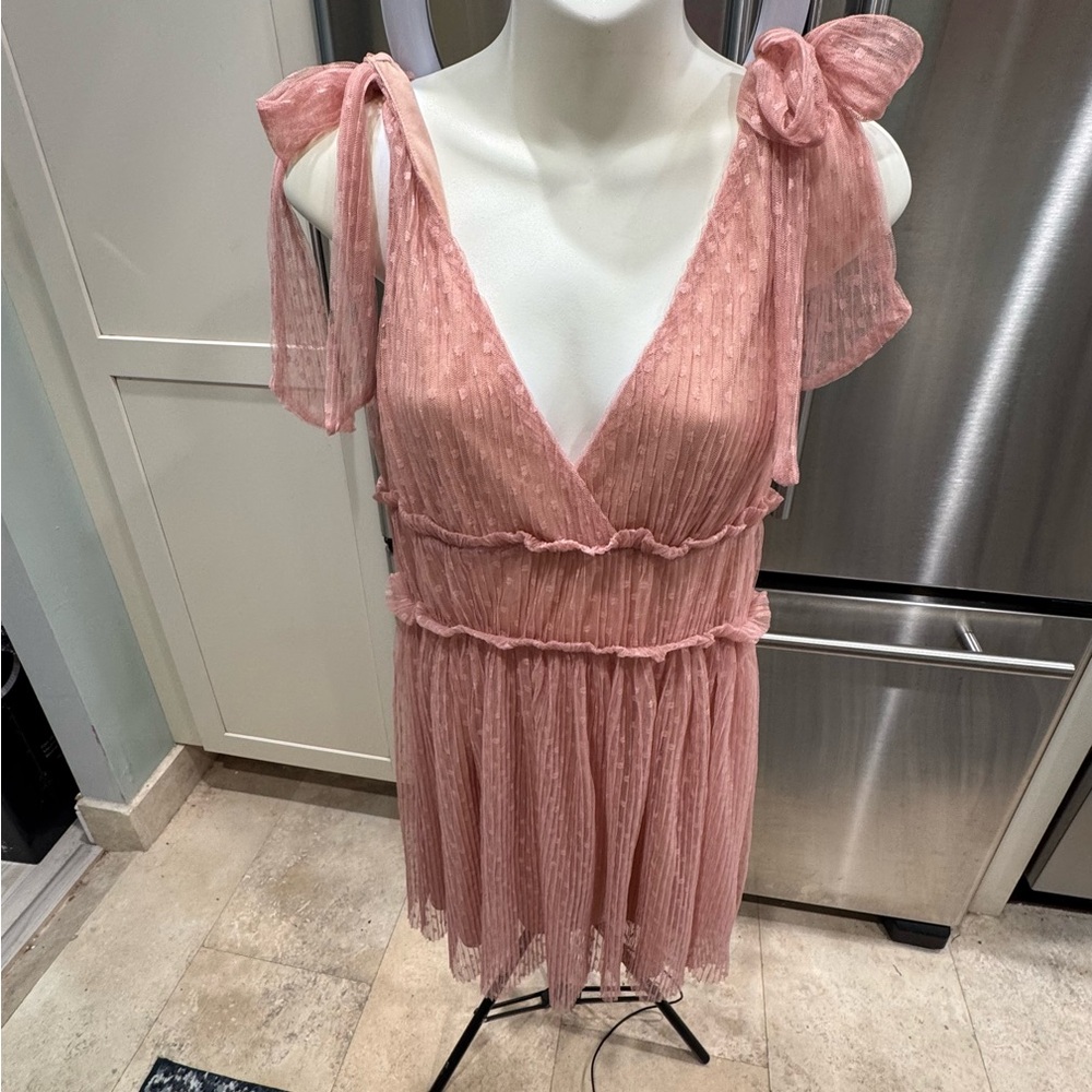 NWT Large Lush Rosebud Pink Swiss Dot Sleeveless Mini Dress with Bow Straps
